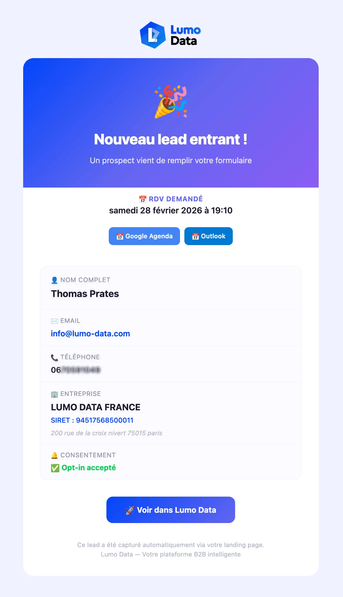 Notification Nouveau Lead